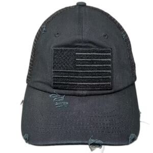 Antourage Trucker Hat Black OS American Flag Patch Distressed USA Adjustable